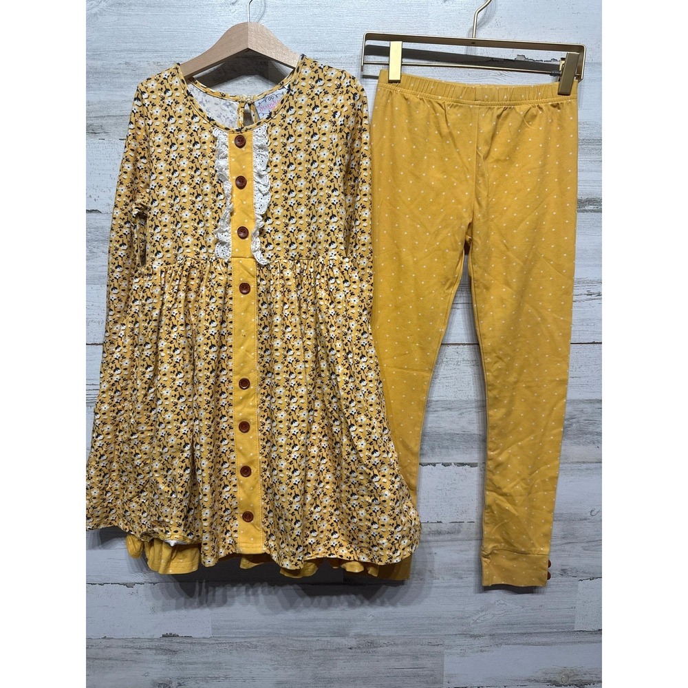 Serendipity Dress Leggings Set Girls 10 Yellow Floral Polka Dot GUC*Flawed